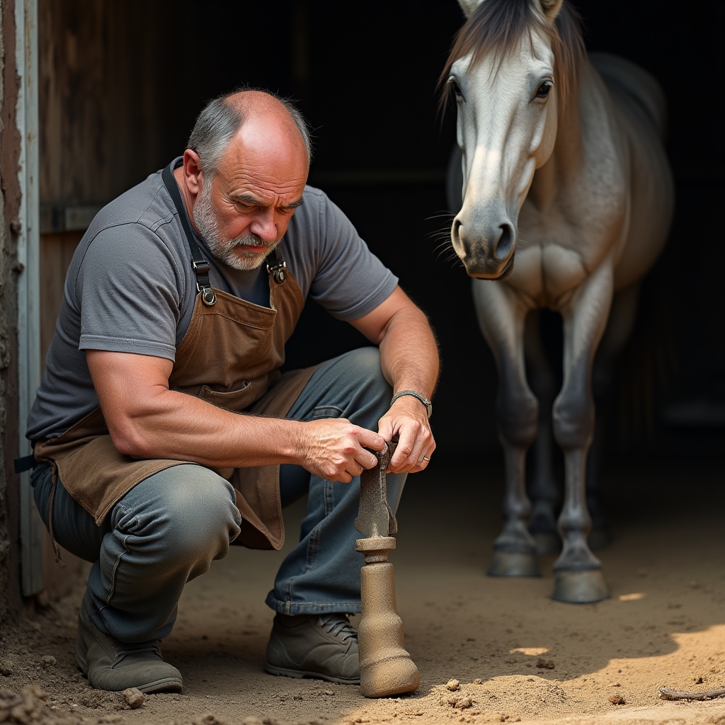 Herrador trabajando en el herrado de un caballo